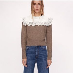 Zara Wool Blend Peter Pan Eyelet Bib Collar Sweater Brown / White size Large
